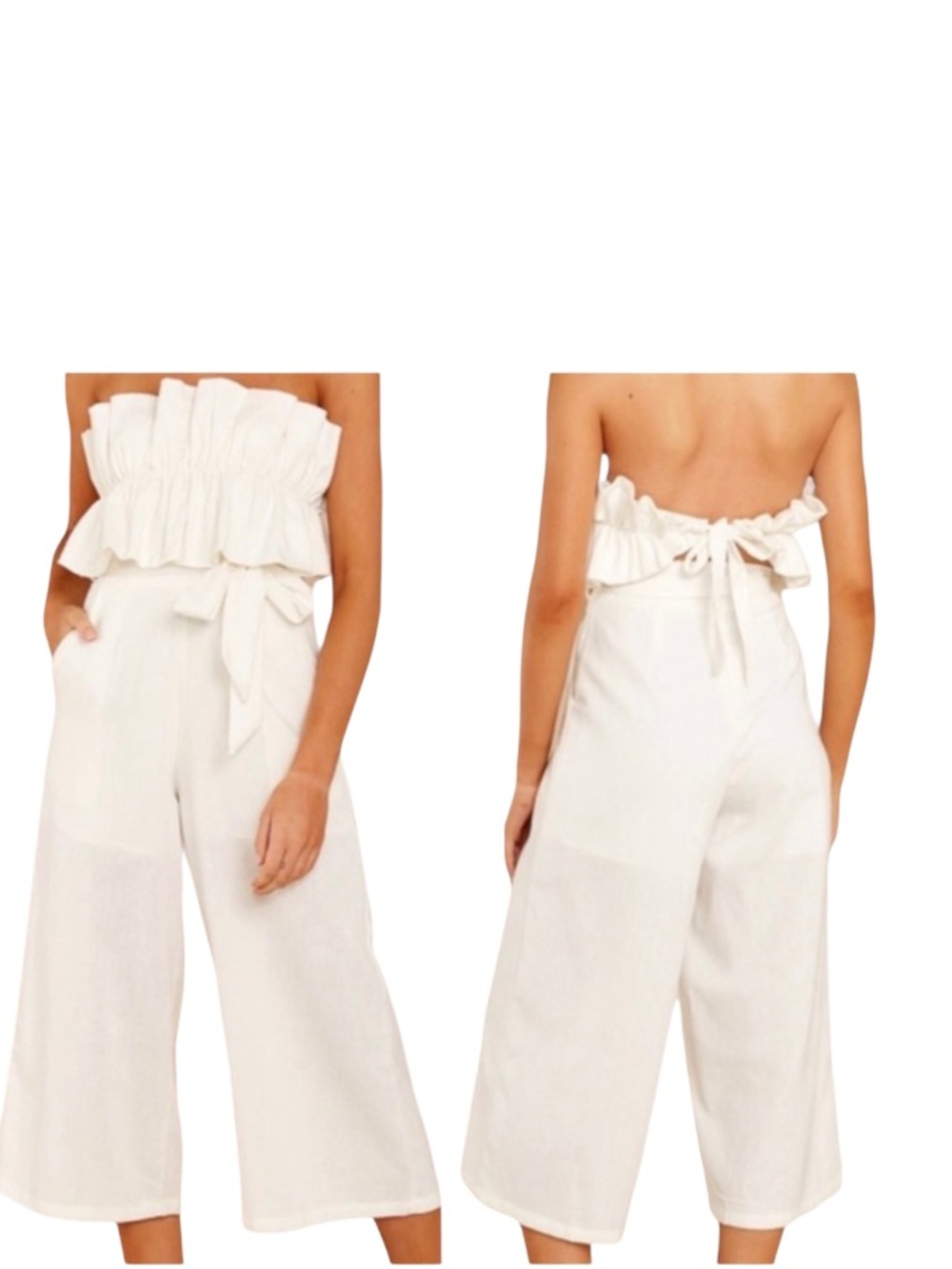 Saints and Secrets Strapless Ruffle Linen Jumpsuit